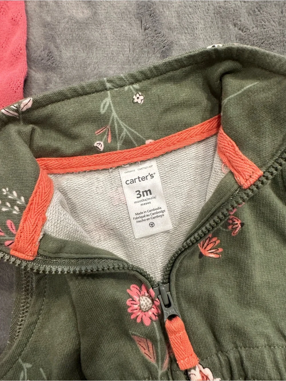 Carter's Olive Green Floral Zip Peplum Bodysuit with Coral Sleeves